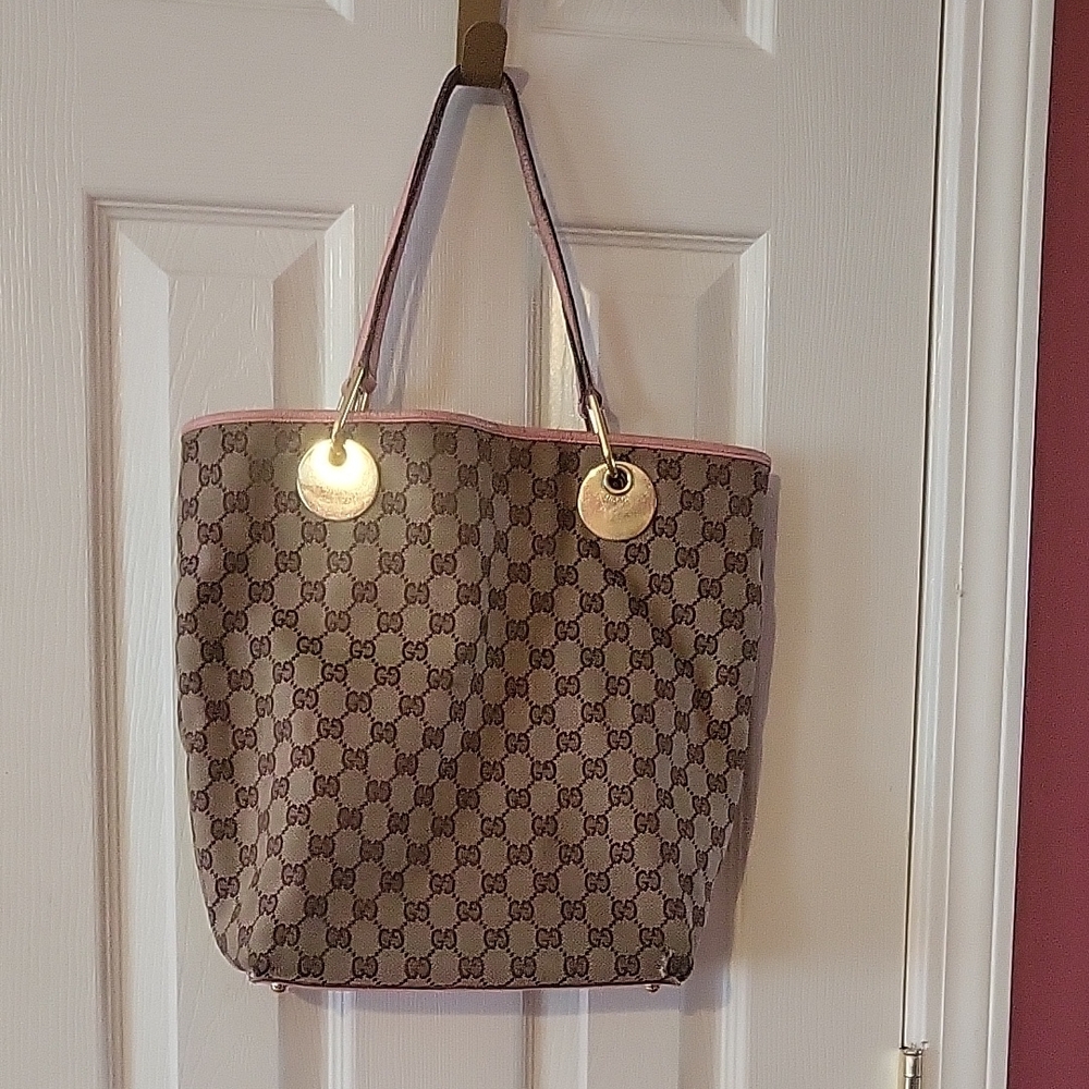 Gucci Brown GG Monogram Tote with Pink Trim and Gold Hardware